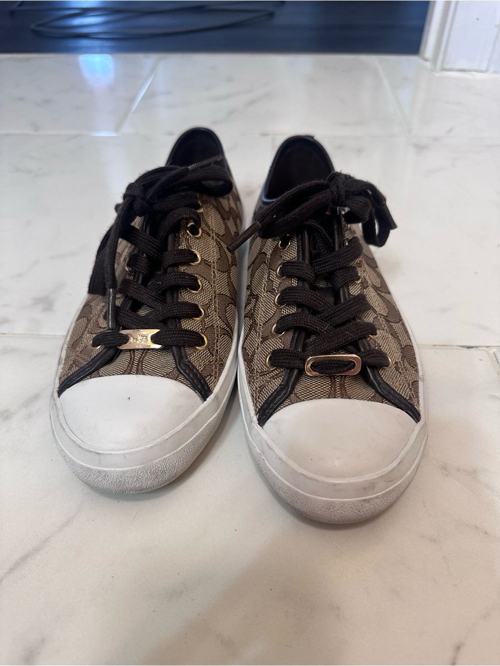 Coach Brown Signature Canvas Low-Top Sneakers with White Toe Cap